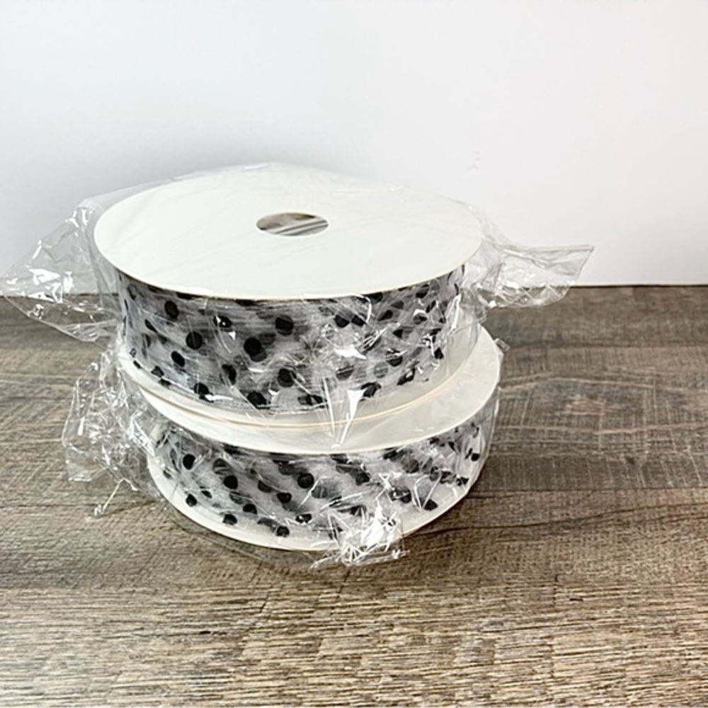 Brand New 100 yards sheer polka dot ribbon‎ black and white Wedding Xmas 2”
